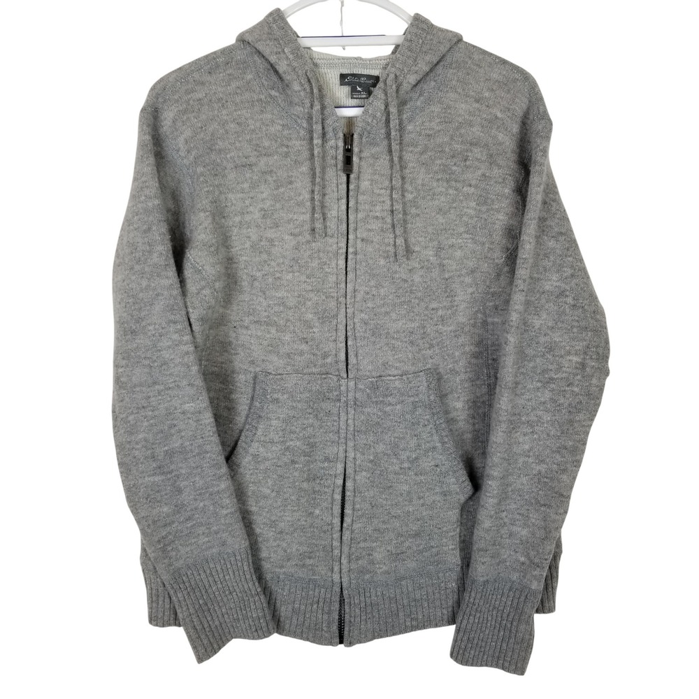 Eddie Bauer Womens XL Gray Full‎ Zip Hooded Wool Blend Knit Sweater Hoodie